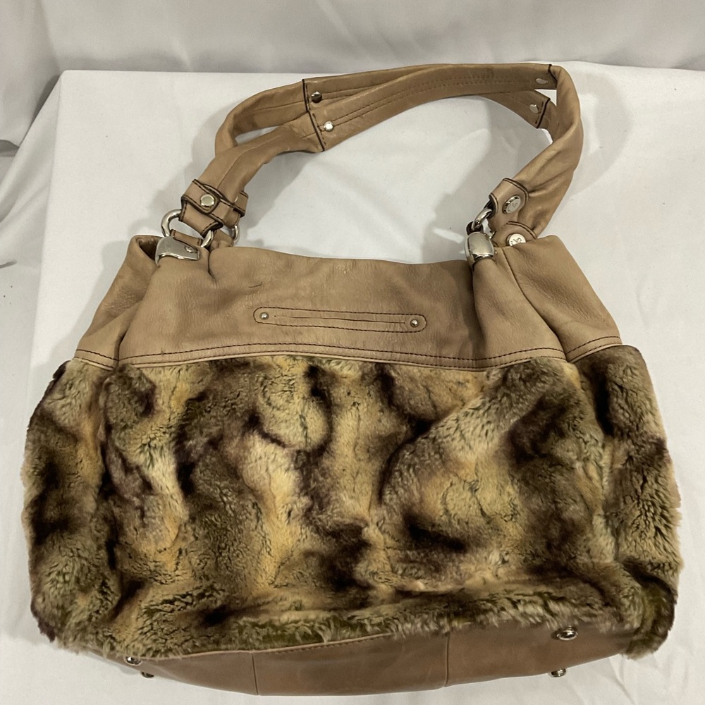 Stylish Tan and Brown B Makowsky Faux Fur-Accented Women's Bag